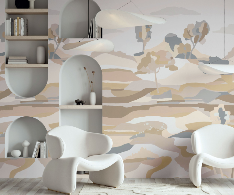 Neutraal behang bij de zithoek