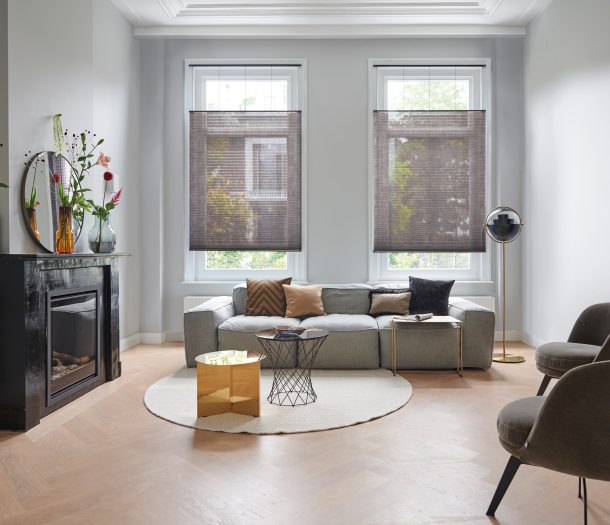 Woonkamer met bruine, transparante plissés, rond vloerkleed en houten vloer. Woonkamer met bruine, transparante plissés, rond vloerkleed en houten vloer.