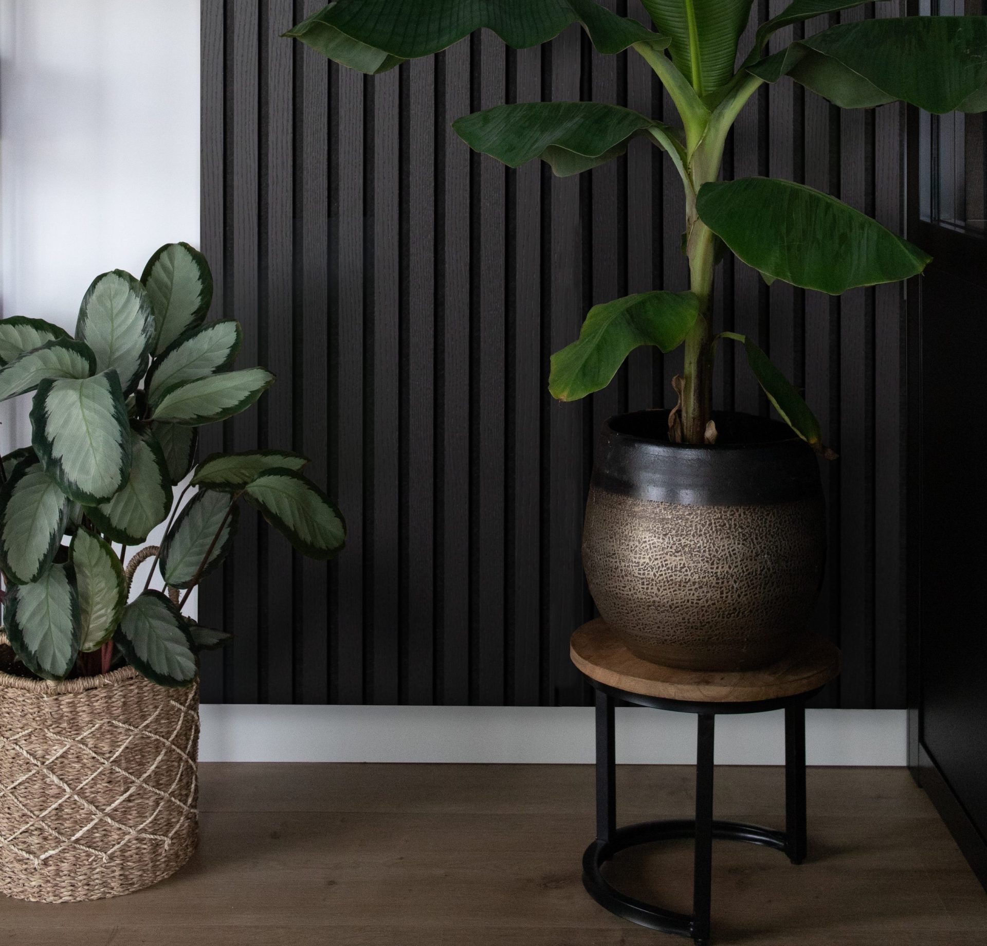 Zwarte wandpanelen van Akupanels in de woonkamer