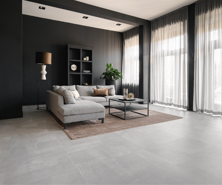 PVC betonlook vloer in de woonkamer