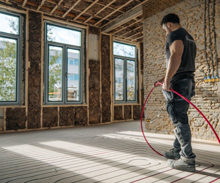 Vakman die ingefreesde vloerverwarming legt in sleuven