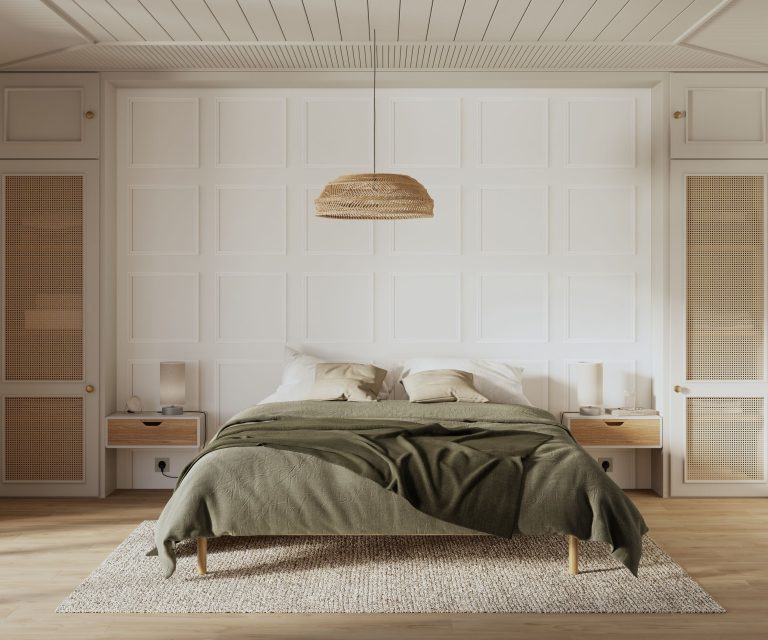 Japandi stijl slaapkamer in lichte kleuren met accessoires van natuurlijke materialen