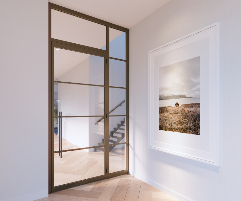 Openslaande bronze stalen deuren van de hal naar woonkamer