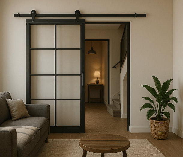 Stalen, zwarte schuifdeur in de woonkamer