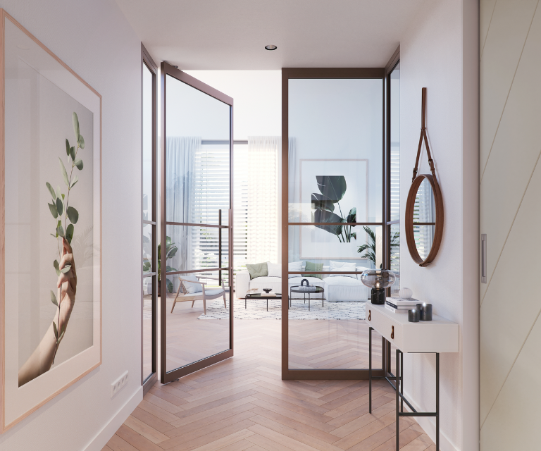 Openslaande bronze stalen deuren van de hal naar woonkamer