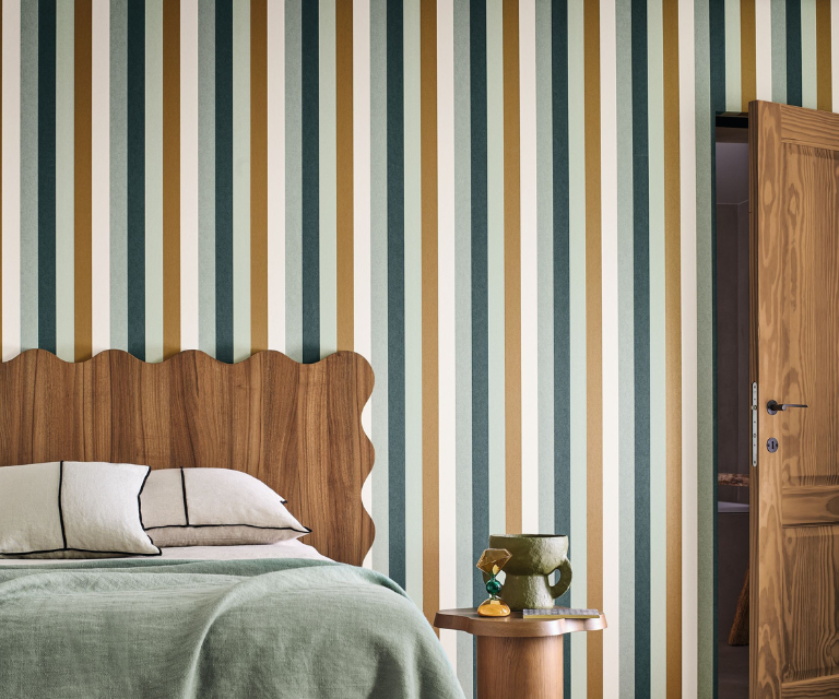 Casamance Lileauxoiseaux - gestreept behang wit, blauw en turquise