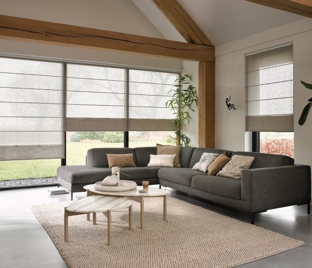 Doorzichtige vouwgordijnen in moderne woonkamer