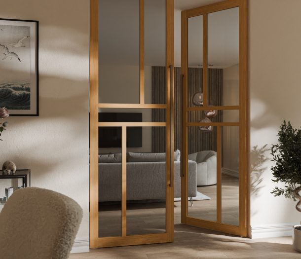 Houten binnendeuren met glas in eiken in woonkamer
