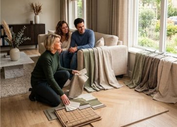Advies aan huis moment bij stel thuis met adviseur en productstalen