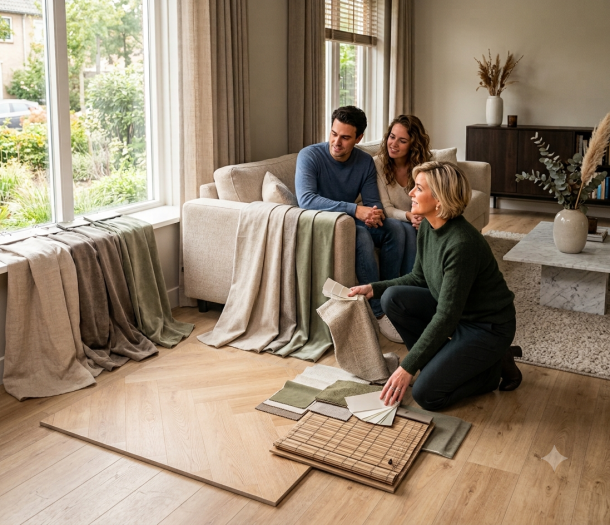 Advies aan huis moment bij stel thuis met adviseur en productstalen