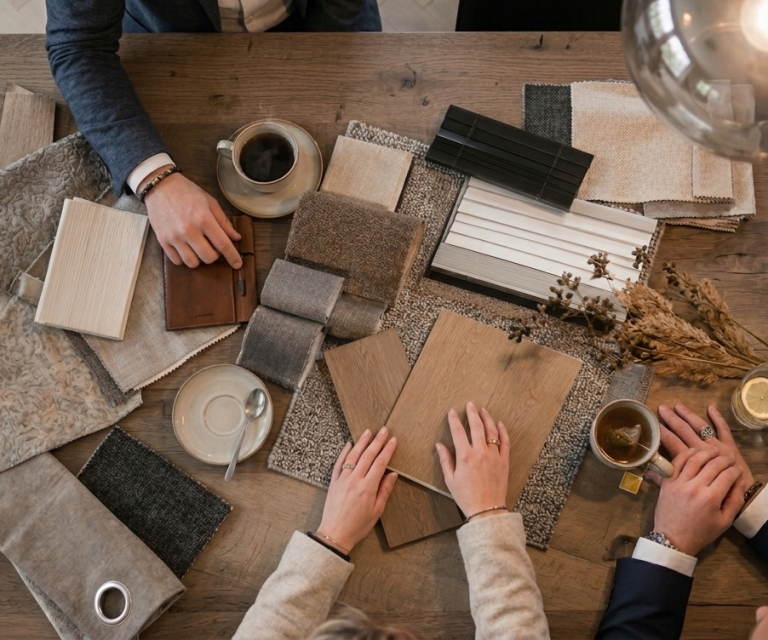 Klanten tijdens advies aan huis met stalen op tafel